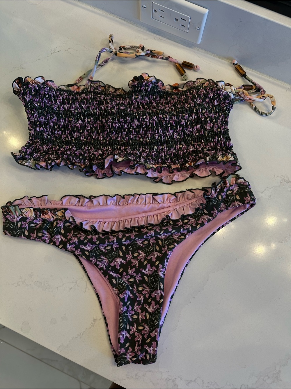 Agua Bendita Black and Pink Floral Smocked Bandeau Bikini